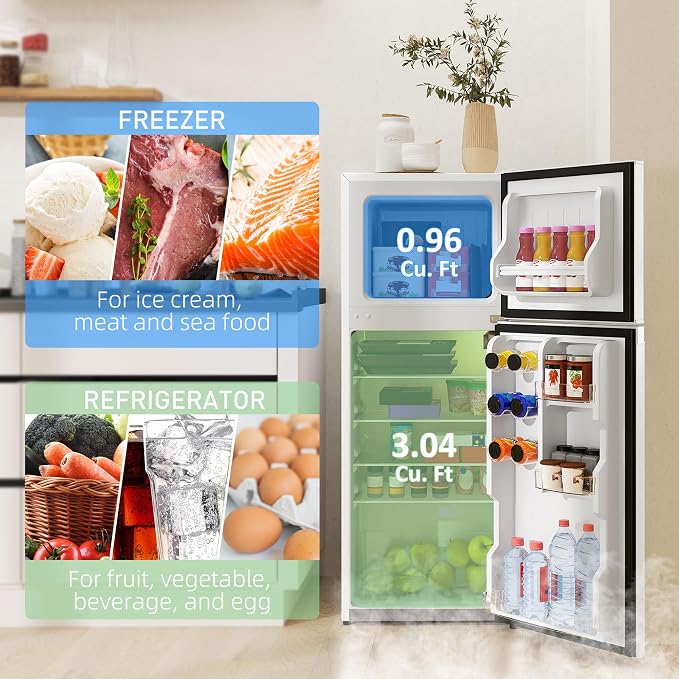 HOMCOM 4 Cu.Ft Mini Fridge with Freezer Double Reversible White | Compact Refrigerator, Adjustable Thermostat, Shelf, for Bedroom Dorm Home Office, Energy Efficient