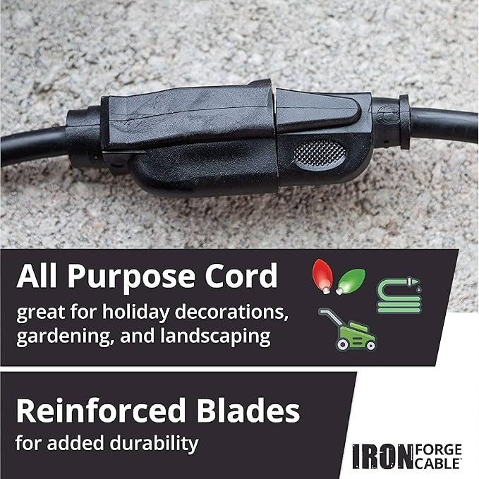 Iron Forge Cable 100 ft Outdoor Extension Cord - 10/3 SJTW Heavy Duty Black Extension Cable with 3 Prong 15 AMP Grounded Plug for Safety
