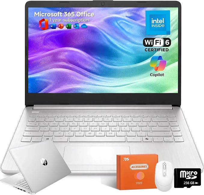 HP 14 Laptop for Students and Home Use, Intel Processor N150, 16GB RAM | 128GB UFS+256GB MSD, 14" HD Display, Wi-Fi 6, 1-Year Microsoft 365, Copilot AI Key, Lightweight, Natural Silver, W/Mouse