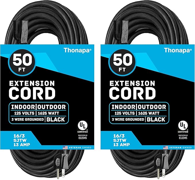 Thonapa 13 Amp Outdoor Extension Cord 50 ft, 2 Pack, 16/3 SJTW 50 Foot Black Extension Cord 3 Prong Multi Pack, Weatherproof ExteriorPower Cable for Outdoor Lights, Landscaping, Lawn, UL Certified