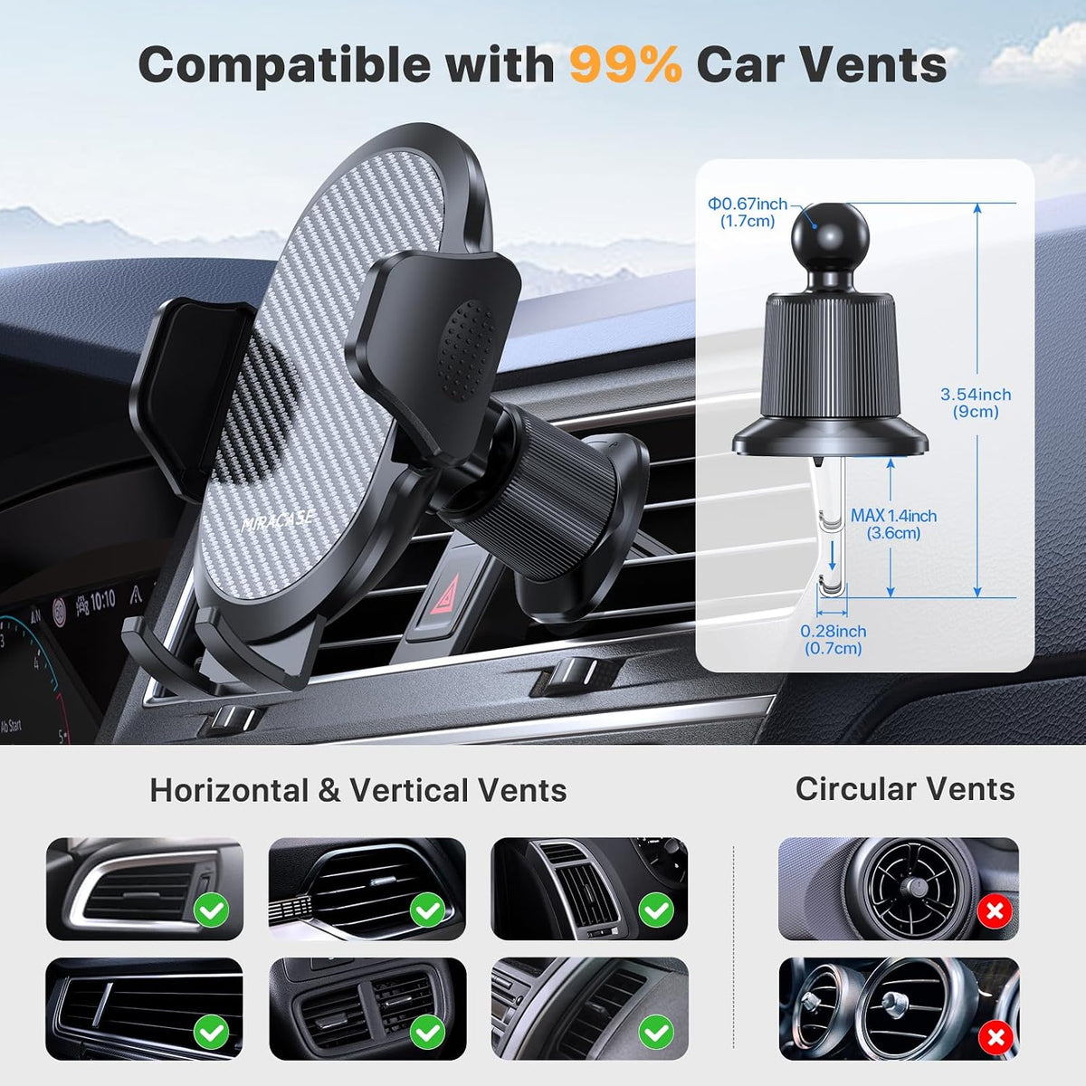miracase Phone Holders for Your Car with Metal Hook Clip, Air Vent Cell Phone Stand Car Mount, Universal Automobile Cradle for Garmin GPS Fit iPhone Android and All Smartphones, Carbon Fiber 2 Pack