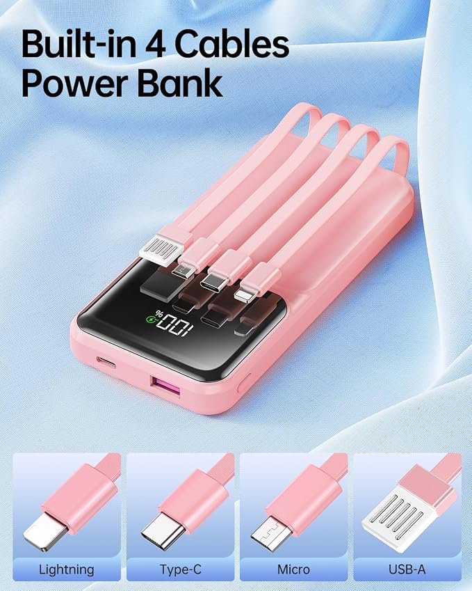 RONEGN Portable Charger with Built in Cable - Power Bank Fast Charging USB C LED Display 10000mah Battery Pack 5 Outputs & 3 Inputs for Travel Essentials iPhone Samsung Android Phones Tablets Pink