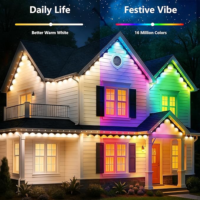 YFL 100ft Permanent Outdoor Lights, Smart RGB LED Eaves Lights with App & Remote Control, IP65 Waterproof, Music Sync & DIY Scenes, 60 LED Dreamcolor String Lights for Christmas, House & Patio Decor