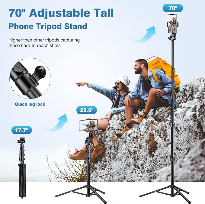 70" Phone Tripod with Remote & Holder, Portable Cell Phone Stand, Selfie Stick