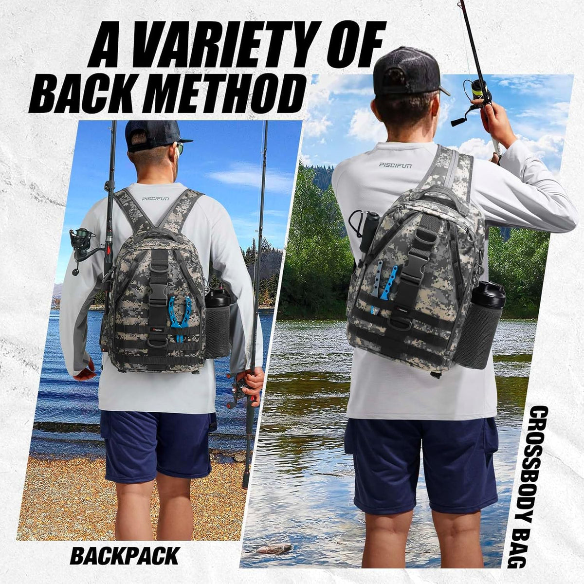Piscifun Fishing Backpack - Lightweight Sling Bag with Rod Holder for Gear Storage