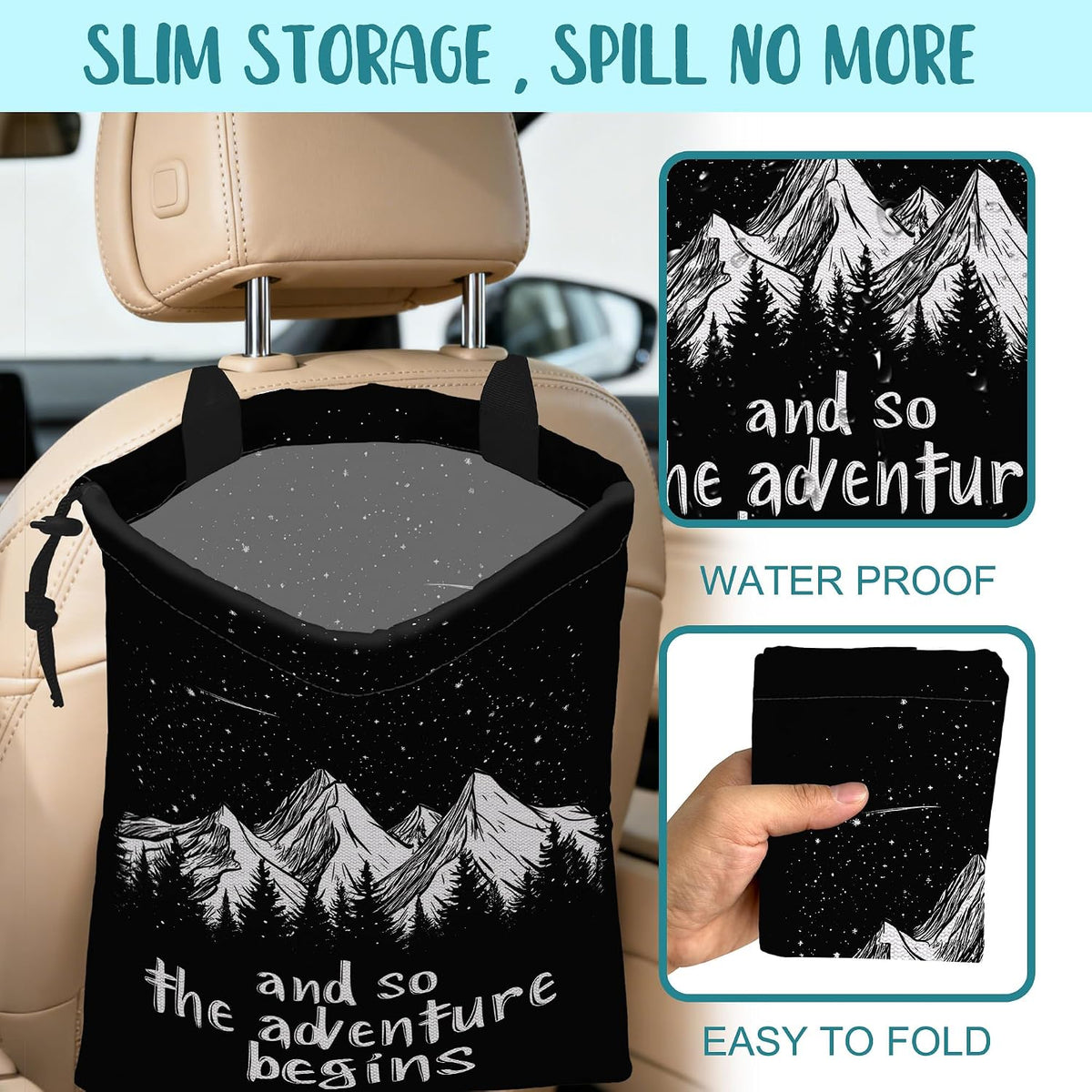 Mountains and Stars Car Garbage Bag The Adventure Begins Drawstring Car Trash Bag Hanging for Back Seat with Adjustable Buckle Canvas Vehicle Trash Can Easy-to-Install