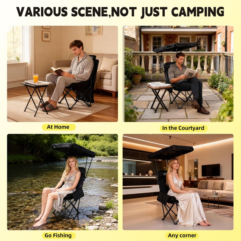 YOUNG WOOD Portable Camping Chair Beach Chair with Shade Canopy, Fold Lightweight Oversized for All, Easy to Open and Close Without Installation, Side Pocket Design for All Outdoor Activities, Black