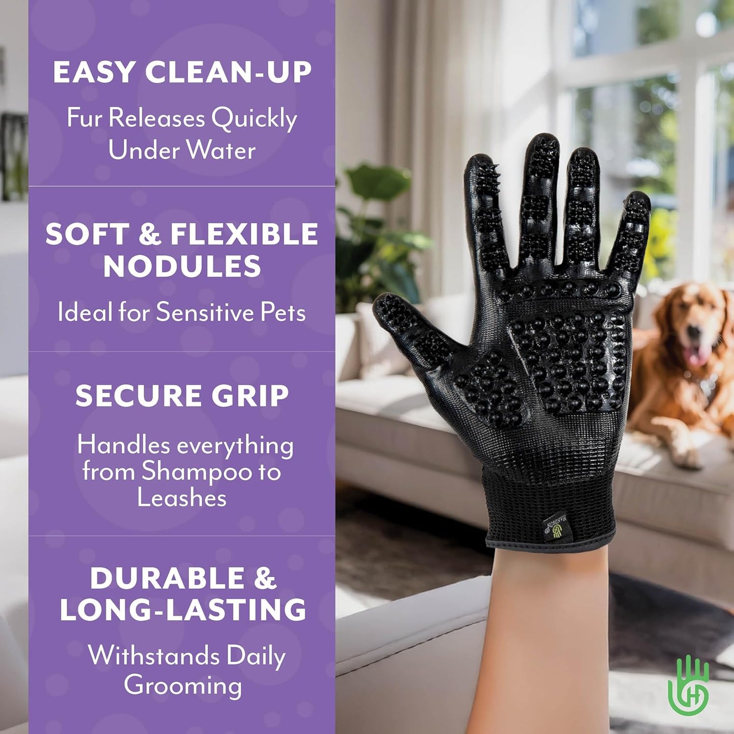 H HANDSON Pet Grooming Gloves - Patented #1 Ranked, Award Winning Shedding, Bathing, & Hair Remover Gloves - Gentle Brush for Cats, Dogs, and Horses (Grey, Medium)