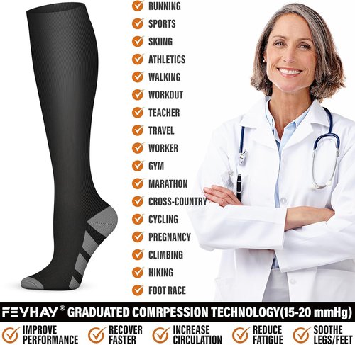 FEYHAY Copper Compression Socks - 15-20 mmHg Support for Enhanced Circulation | 5 Pairs for Men & Women