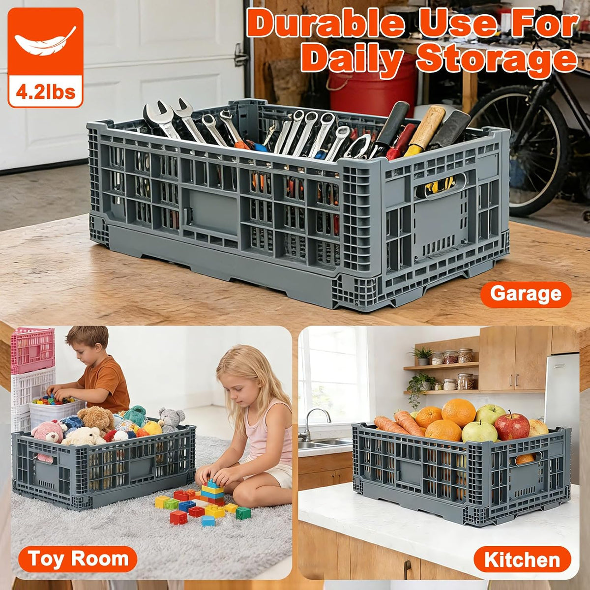 Collapsible Milk Crates 52L, Plastic Folding Storage Crate