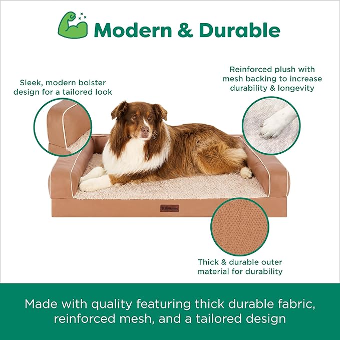 Furhaven Cooling Dog Sofa Bed – Memory Foam Couch with Bolsters, Textured Plush & Water-Resistant Cover, Washable Cover - Camel, Jumbo Plus