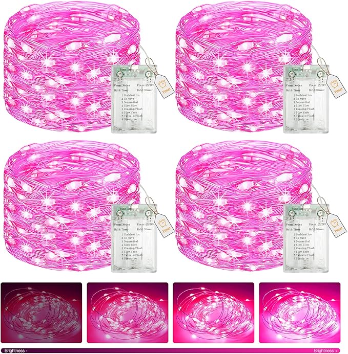 btfarm 4 Pack Valentine's Day Pink Fairy Lights Battery Operated with Timer, 16.4 FT 50 LED Silver Wire Twinkle String Lights 8 Modes Dimmable Waterproof for Indoor Bedroom Wedding Decorations, Pink
