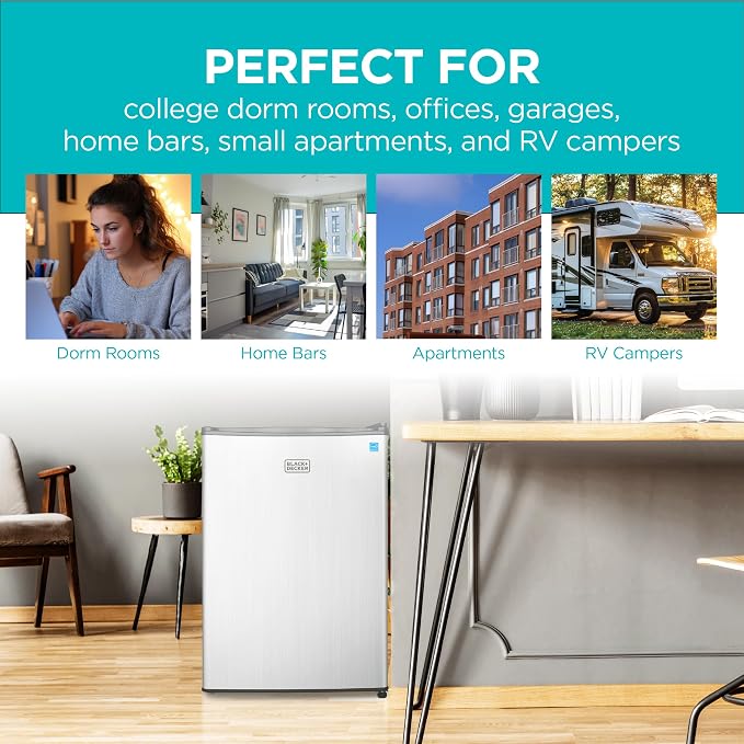 BLACK+DECKER 2.5 Cu. Ft. Compact Refrigerator, BCRK25V, Stainless Look | Energy Star Certified, Single Door Mini Fridge with Chiller Compartment, Personal Fridge for Home or Dorm, R600a Refrigerant