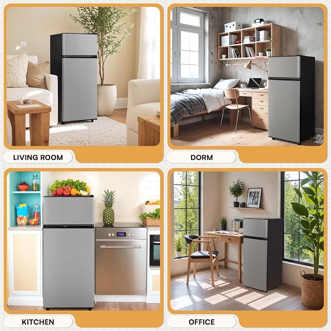 4.5 Cu.Ft Mini Fridge Freezer for Dorm/Office, 2-Door, Quiet | 4.5 cu ft mini fridge with separate freezer, quiet 38dB for sleep, 7-level thermostat, adj shelves, for dorm/office/kitchen.