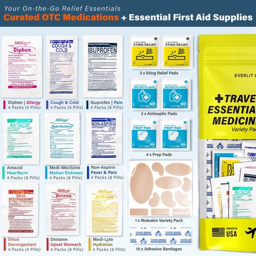 EVERLIT CARE Travel Essential First Aid Kit - TSA Compliant Mini Medkit with 64 Individually Packed Tablets