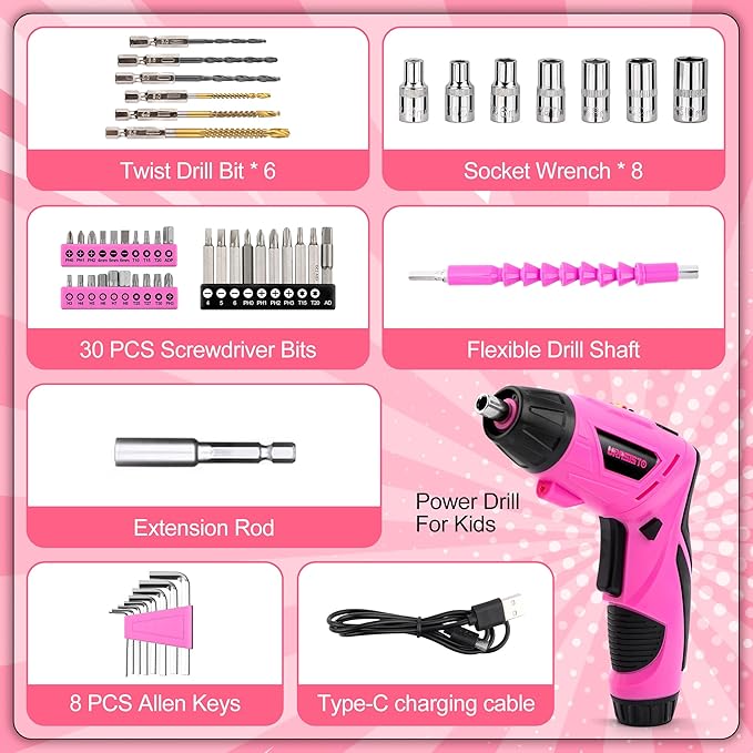 55-Piece Kids Real Tool Set, Electric Cordless Drill Tool Kit for Children with Interchangeable Bits, Flexible Shaft, Charger, All in Carrying Case, Power Drill Tools Set for Kid, Age 14+