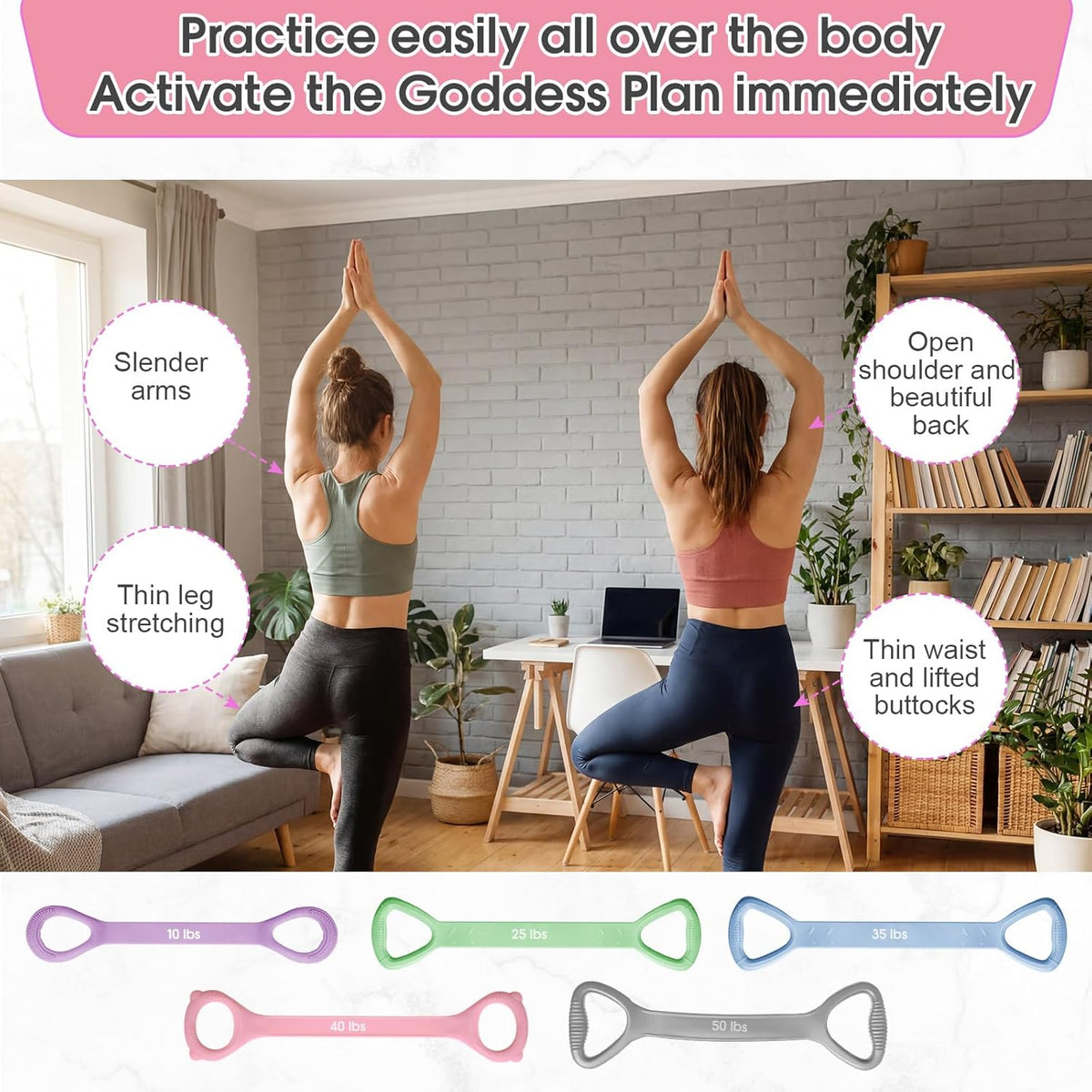 Soulchen Figure 8 Fitness Resistance Bands - 5 Pack (10-50 Lbs) for Yoga, Pilates, and Strength Training