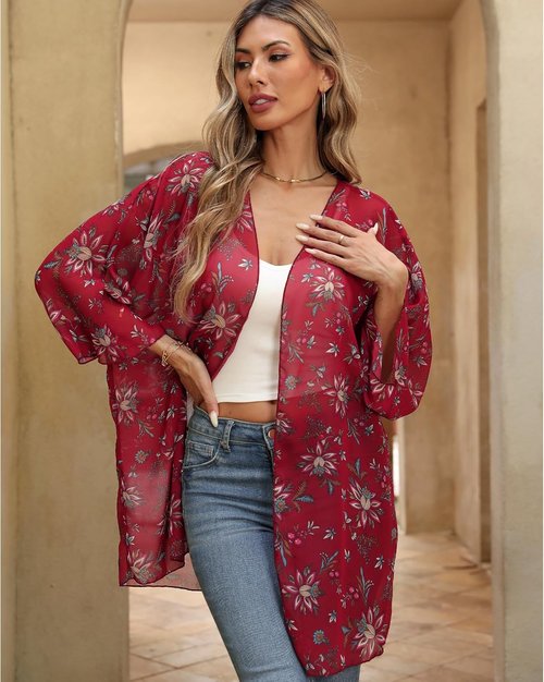 Argstar Women's Kimono Cardigan - Lightweight Chiffon Floral Cover-Up for Summer Beachwear | 3/4 Sleeve