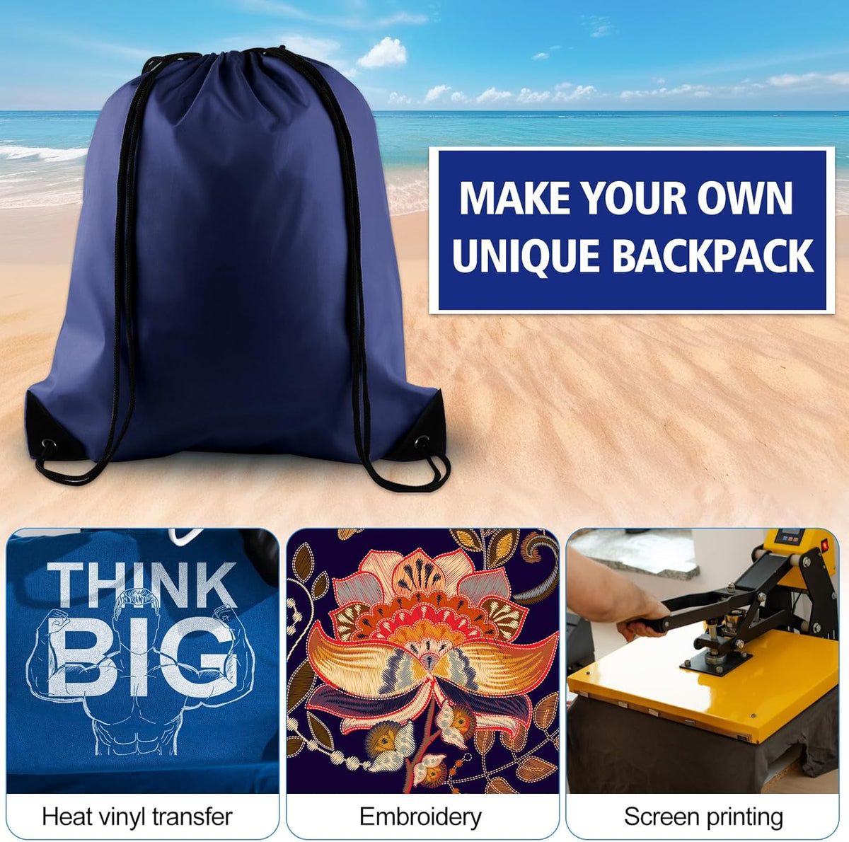 PLULON Drawstring Backpack - Navy Blue Cinch Sack for Gym, Yoga & Outdoor Activities | 2-Pack
