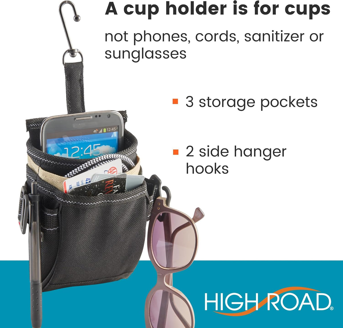 High Road DriverPockets Car Phone Holder Air Vent Pouch and Front Seat Organizer with 3 Pockets, Hanging Hooks and Charging Port