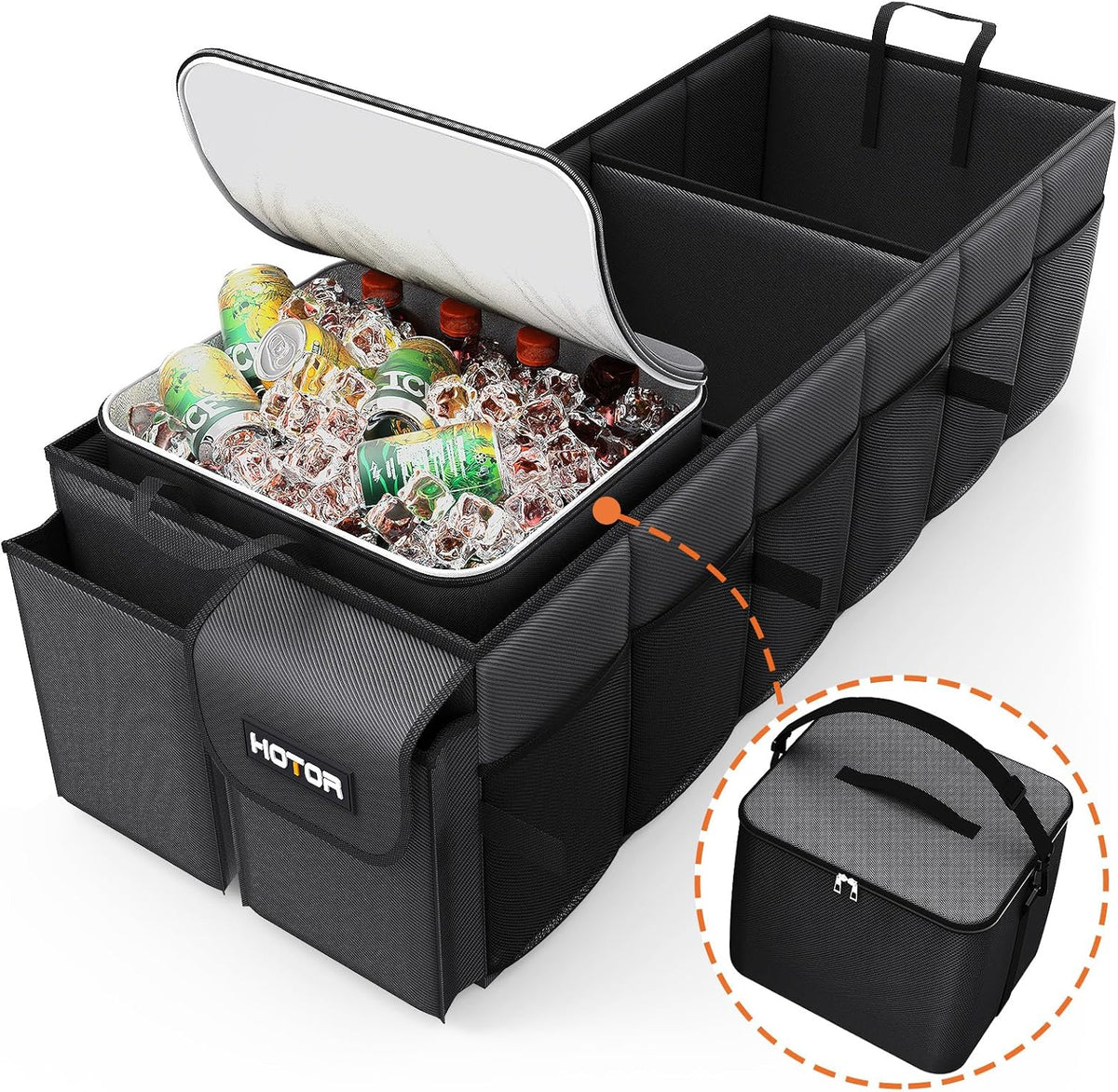 HOTOR Trunk Organizer, Sturdy Foldable with Cooler for Car & SUV, 3 Compartments, Blue, 30.90”×12.60”×10.63”