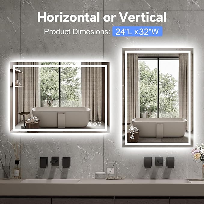 LED Bathroom Mirror 24x32 Inch Anti-Fog Bathroom Mirror with Lights, Wall Mounted Lighted Vanity Mirrors, Dimmable, Backlit + Front Lit, Smart Bathroom Vanity Mirror with 3 Colors Temperature