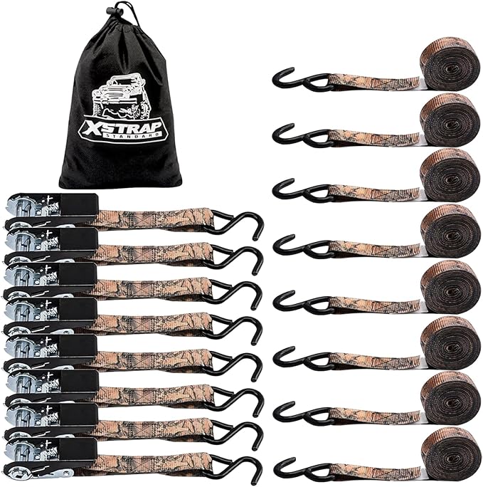 XSTRAP STANDARD Ratchet Straps, 900 LB Break Strength, 8-Pack 10FT Ratchet Tie Down Straps Set for Motorcycle Straps Tie Downs, Appliances, Lawn Equipment, Logistic Cargo Straps for Trucks(Camouflage)