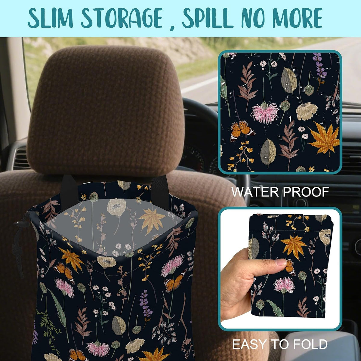 Car Garbage Bag Blooming Botanical Plants Drawstring Car Trash Bag Hanging for Back Seat with Adjustable Buckle Canvas Vehicle Trash Can Easy-to-Install