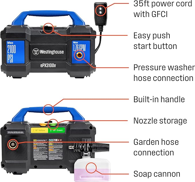 Westinghouse ePX3100v Electric Pressure Washer, 2100 Max PSI 1.76 Max GPM, Built-in Carry Handle, Detachable Foam Cannon, Pro-Style Steel Wand, 3-Nozzle Set, for Cars/Fences/Driveways/Home/Patios