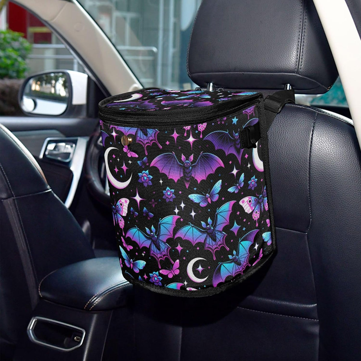 Mnsruu Car Trash Can with Lid, Neon Purple and Bats Stars and Moons Car Trash Bag Hanging Organizers and Storage for Front Back Seat, Leak-Proof Trash Bin