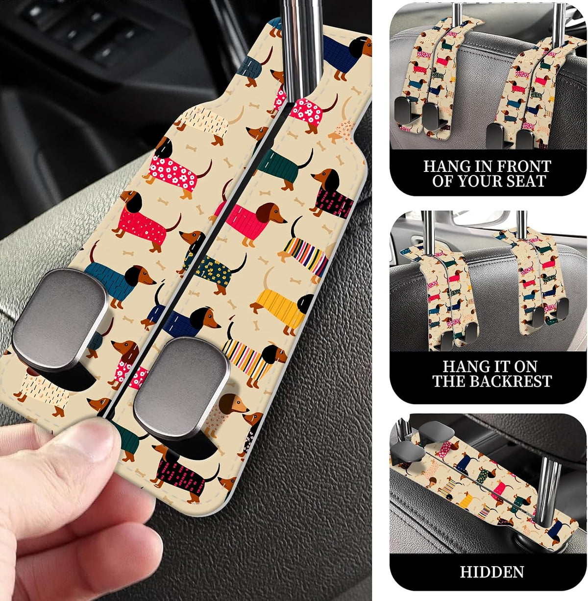 PU Leather Car Seat Hook, Storage Headrest Hanger, Cute Car Backseat Organizer, Car Hooks For Purses and Bags, Cute Dachshund