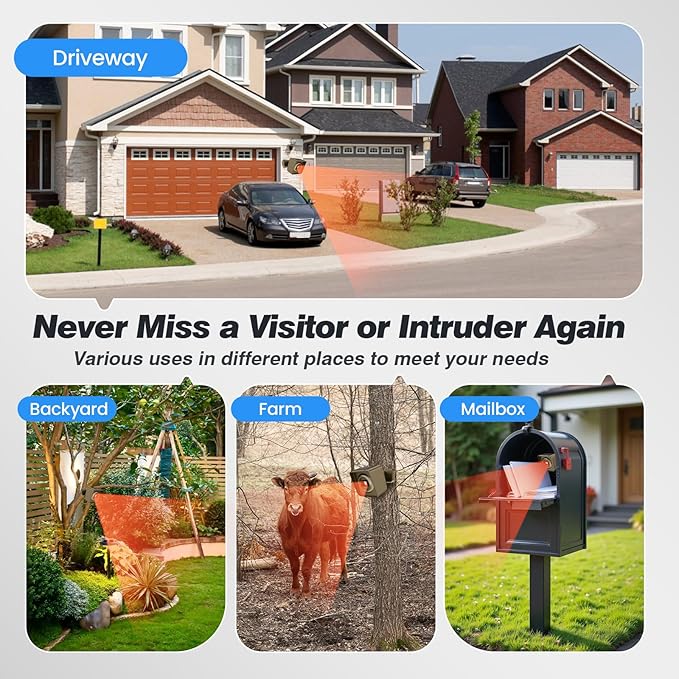 Solar Driveway Alarm Wireless Outside 1/2 Mile Long Range, 3 Sensitivity &