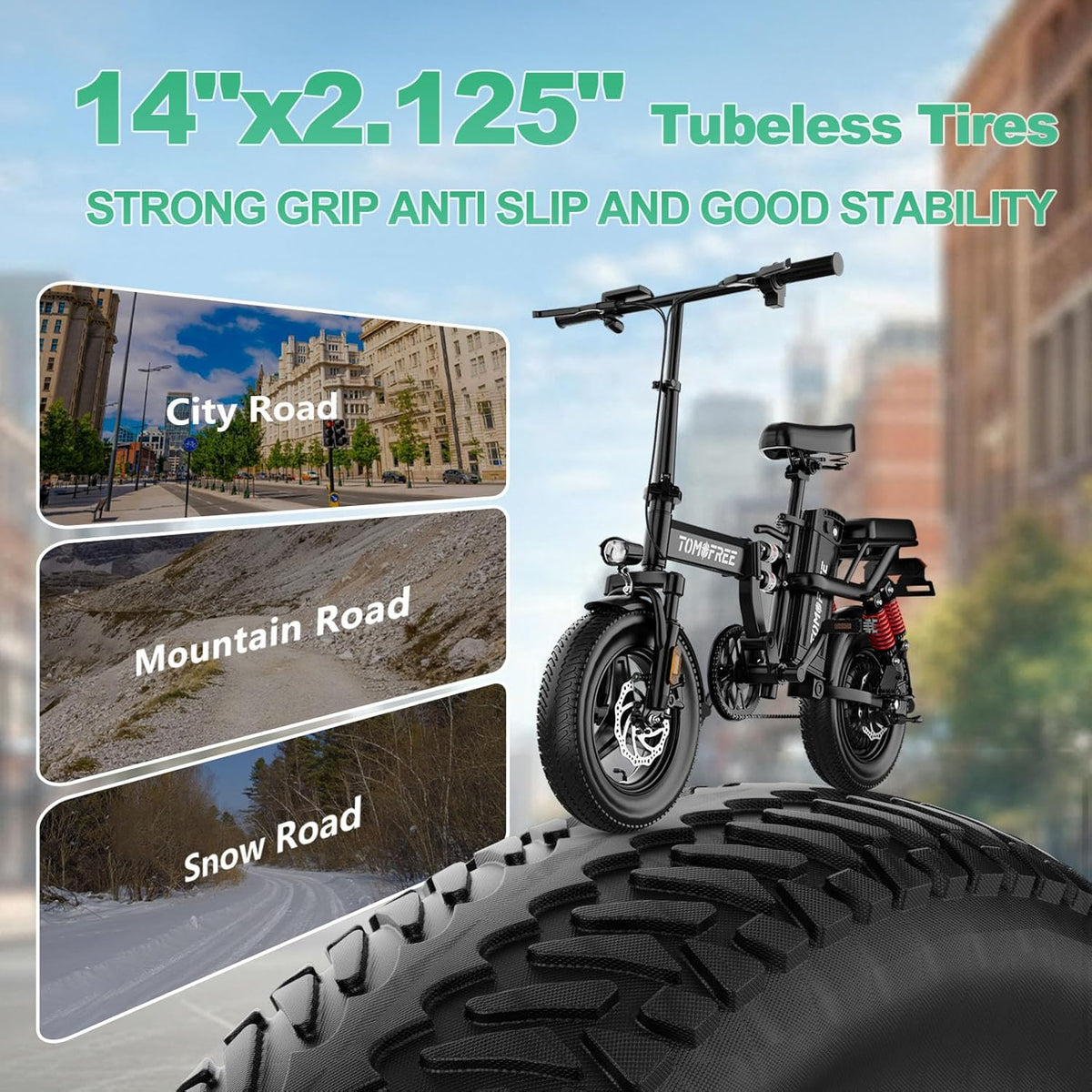 Tomofree Folding Electric Bike - 750W Peak Power, 20-24MPH, 48V 20AH Battery, 14" Fat Tires | 35-75 Miles Range