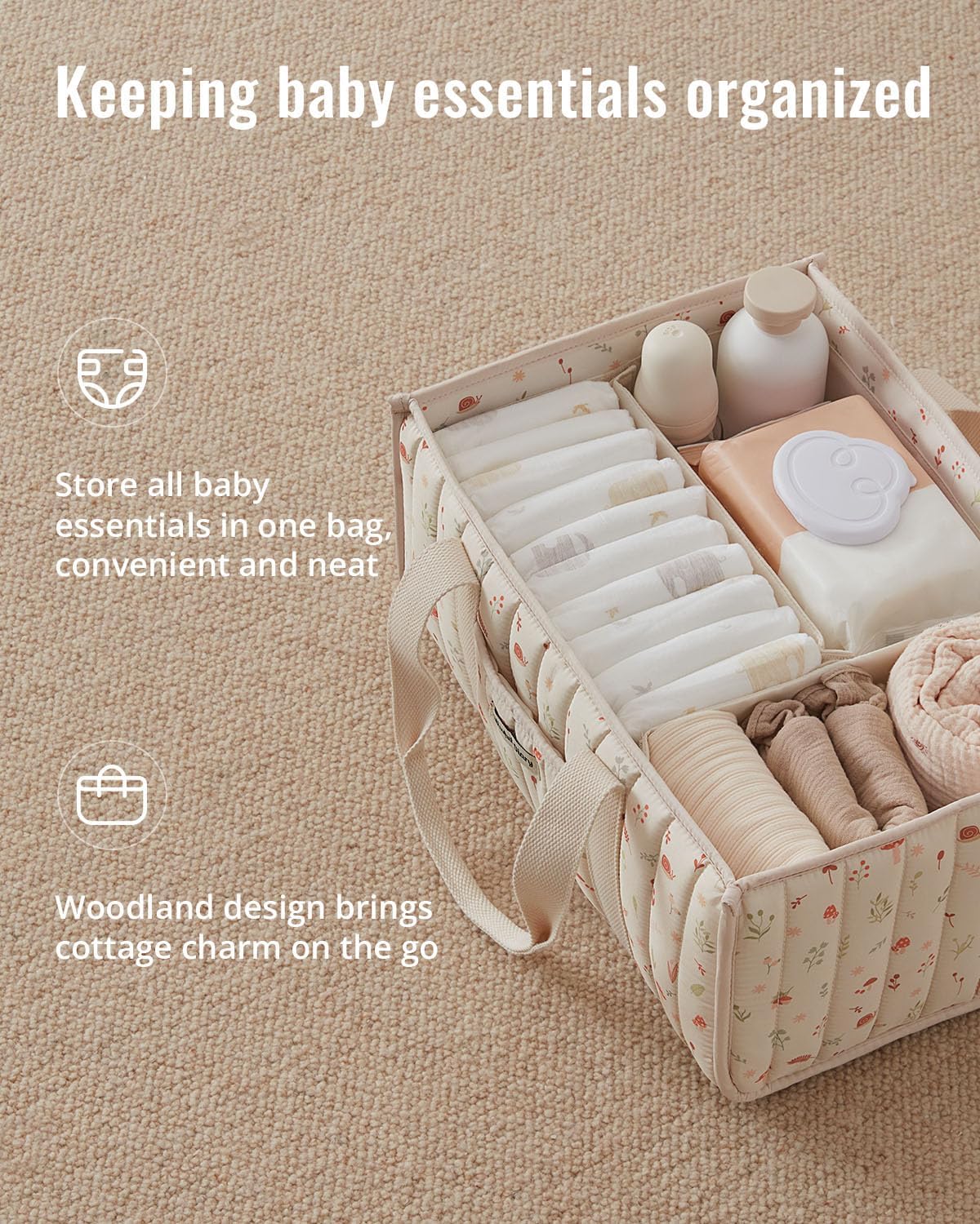 Blissful Diary Woodland Diaper Caddy Organizer, Stylish Nursery Storage Basket, Gift for Baby Shower, Newborn Essentials, Woodland Cream