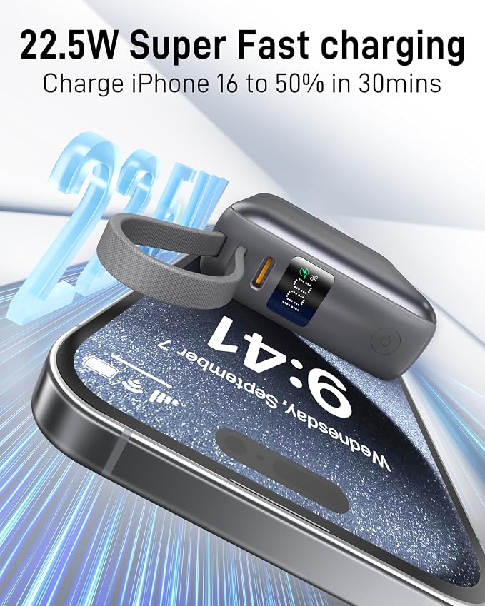 VINKO Small Portable Charger, 22.5W Fast Charging Mini Power Bank 10000mAh with Built-in Cables, Travel Essential USB-C Battery Pack Compatible with iPhone 17/16/15, Samsung S25/24, Android (Gray)
