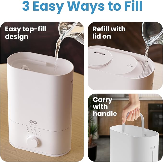 Everlasting Comfort 6L Top Fill Humidifier for Bedroom – Quiet, Easy to Fill & Clean, 60HR Runtime, Night Light, Timer, Ultrasonic Cool Mist, Auto Shut-Off, Essential Oil Compatible - White