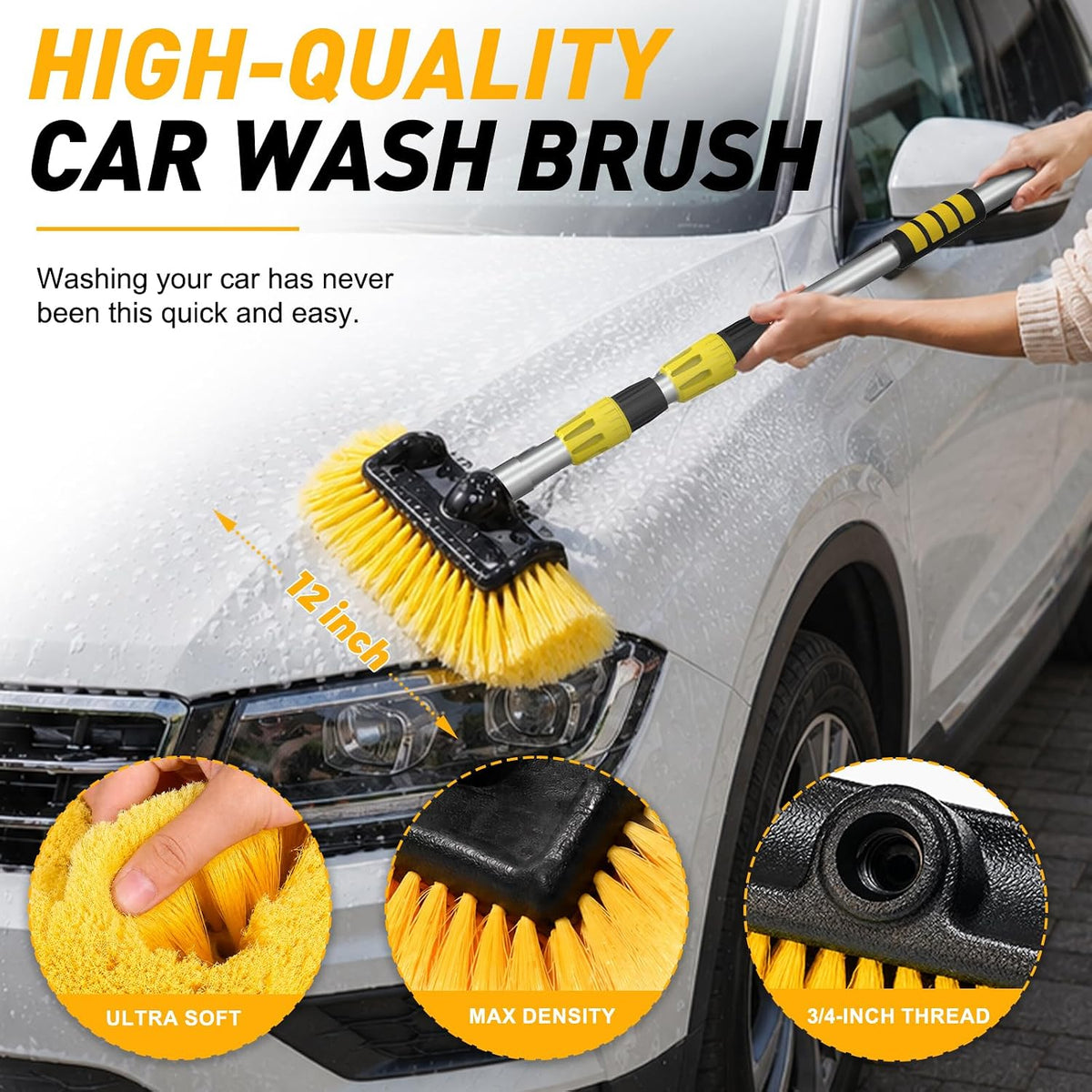 SISUPASSIE 12FT Car Wash Brush with Long Handle, Telescopic Car Wash Brush with Soap Dispenser, 12-Inch Soft Bristle Car Cleaning Brush for Cleaning Car, RV, Truck, Boat, Solar Panels, Yellow