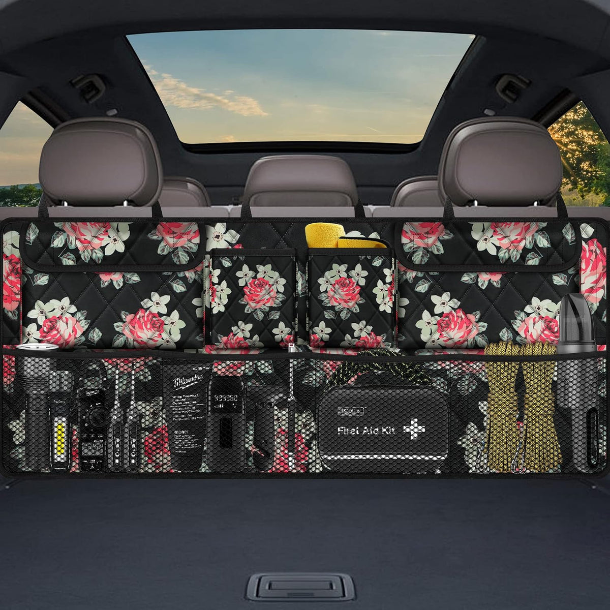 Femuar Car Trunk Organizer,Large Capacity Backseat Trunk Organizer(42"*18"),Collapsible Car Storage Bag with 8 Pocekt,Car Organizer for SUV/MPV/Truck - Floral