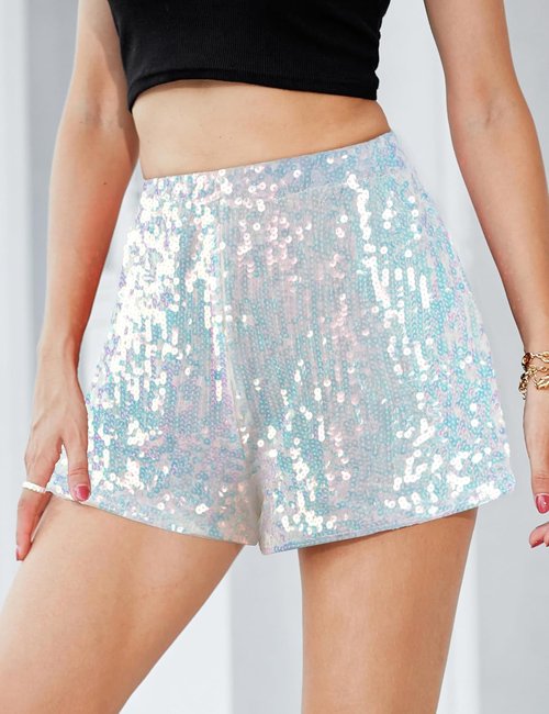 MANER Women's High Waisted Sequin Shorts - Sparkly Stretchy Design for Night Out | Party Wear