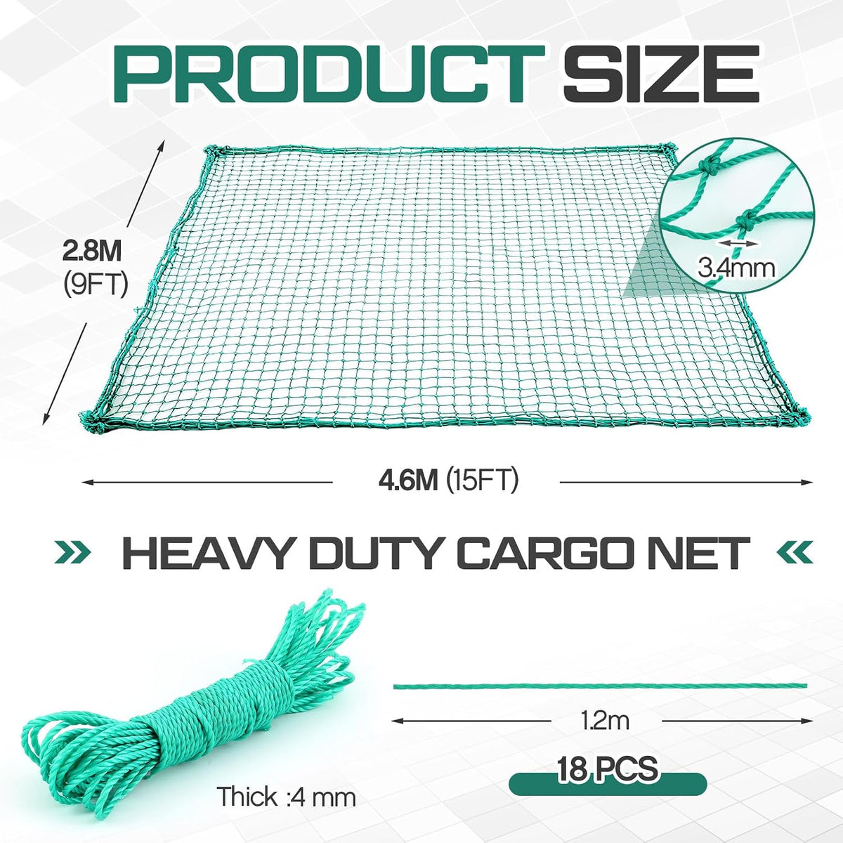 SATINIOR 9 x 15 ft Heavy Duty Cargo Net Truck Bed Network Cover with 18pcs Ropes Bungee Cargo Net Car Sealing Network Rope for Trailer Pickup Truck
