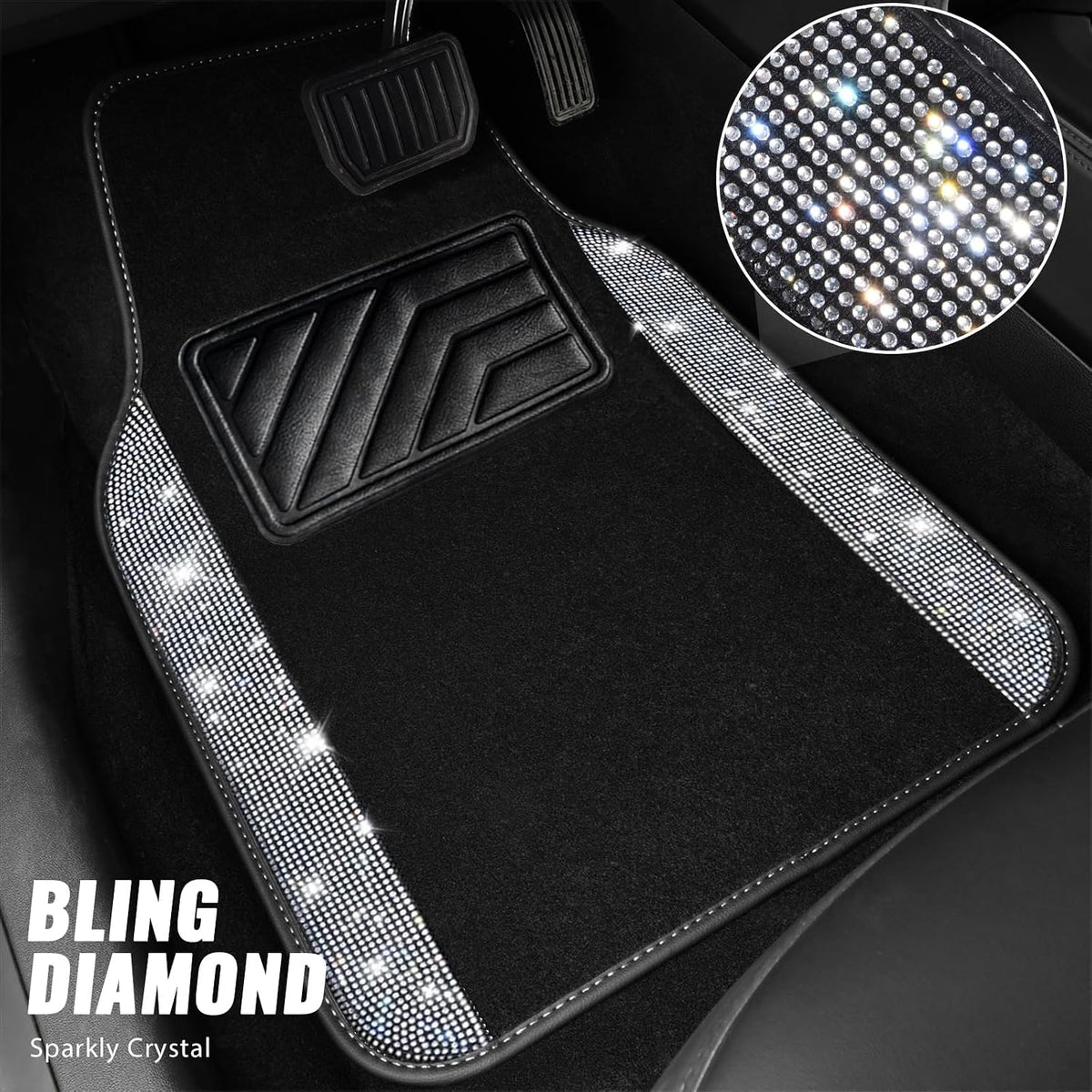 CAR PASS Bling Diamond Leather Steering Wheel Cover 14.5in-15in Floor Mats Shining Rhinestone Carpet Sparkly Glitter Crystal Anti-Slip Pad Fit Automotive SUV Pickup Truck Girl Women, 5pcs Black Sliver