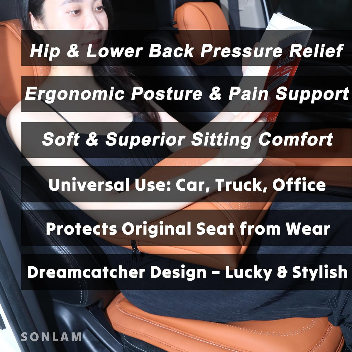 Comfort Dreamcatcher Car Seat Cushion Non-Slip - Relaxing, Optimal Support & Posture for Long Drive (Front Seats (Coffee Brown))