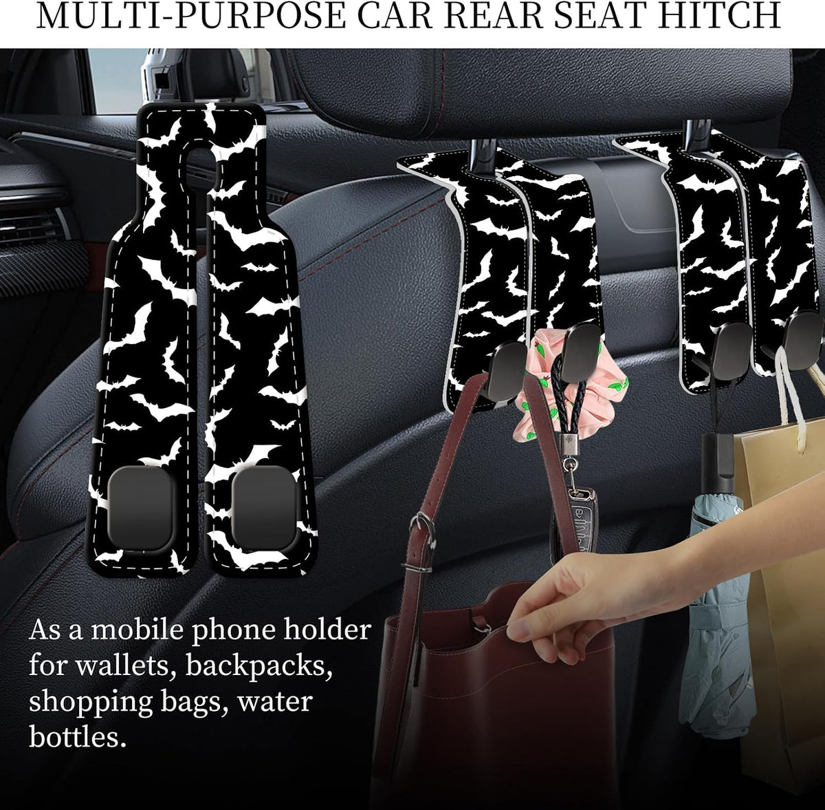 PU Leather Car Seat Hook, Storage Headrest Hanger, Cute Car Backseat Organizer, Car Hooks For Purses and Bags Black White Bat