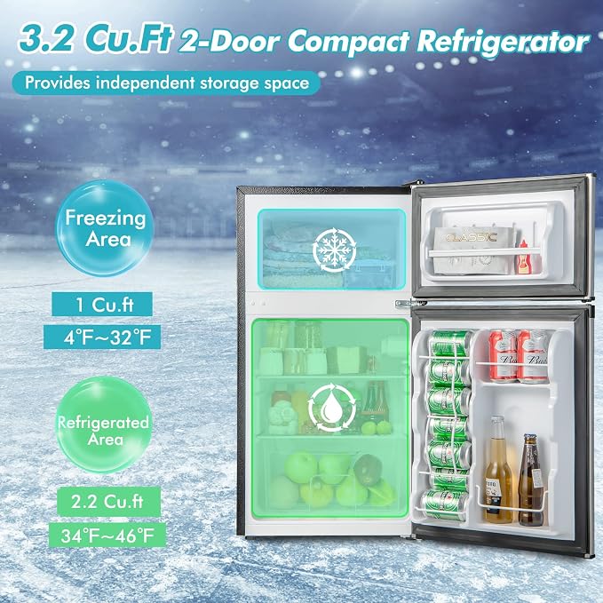 COSTWAY 3.2 Cu.Ft. Mini Fridge with Freezer, 2 Door for Office Bedroom Dorm | Compact Small Refrigerator with Reversible 2 Door, Adjustable Thermostat, Removable Glass Shelves for Food & Drink, Silver