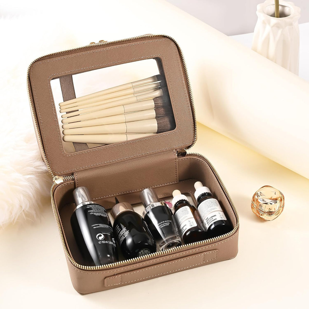 Aveniee Large Clear Makeup Bags, Double Layer Cosmetic Bags with Separate Brush Compartment,Travel Toiletry Bag Train Case,Travel Accessories Organizer for Women,2 Layers,Brown