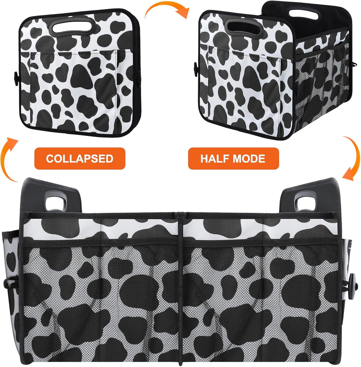 Trunk Organizer for Car, 72L Collapsible Waterproof Car Organizers and Storage, Car Accessories for Women and Men, Multi-Compartment Storage Organizer for SUV, Cow Print