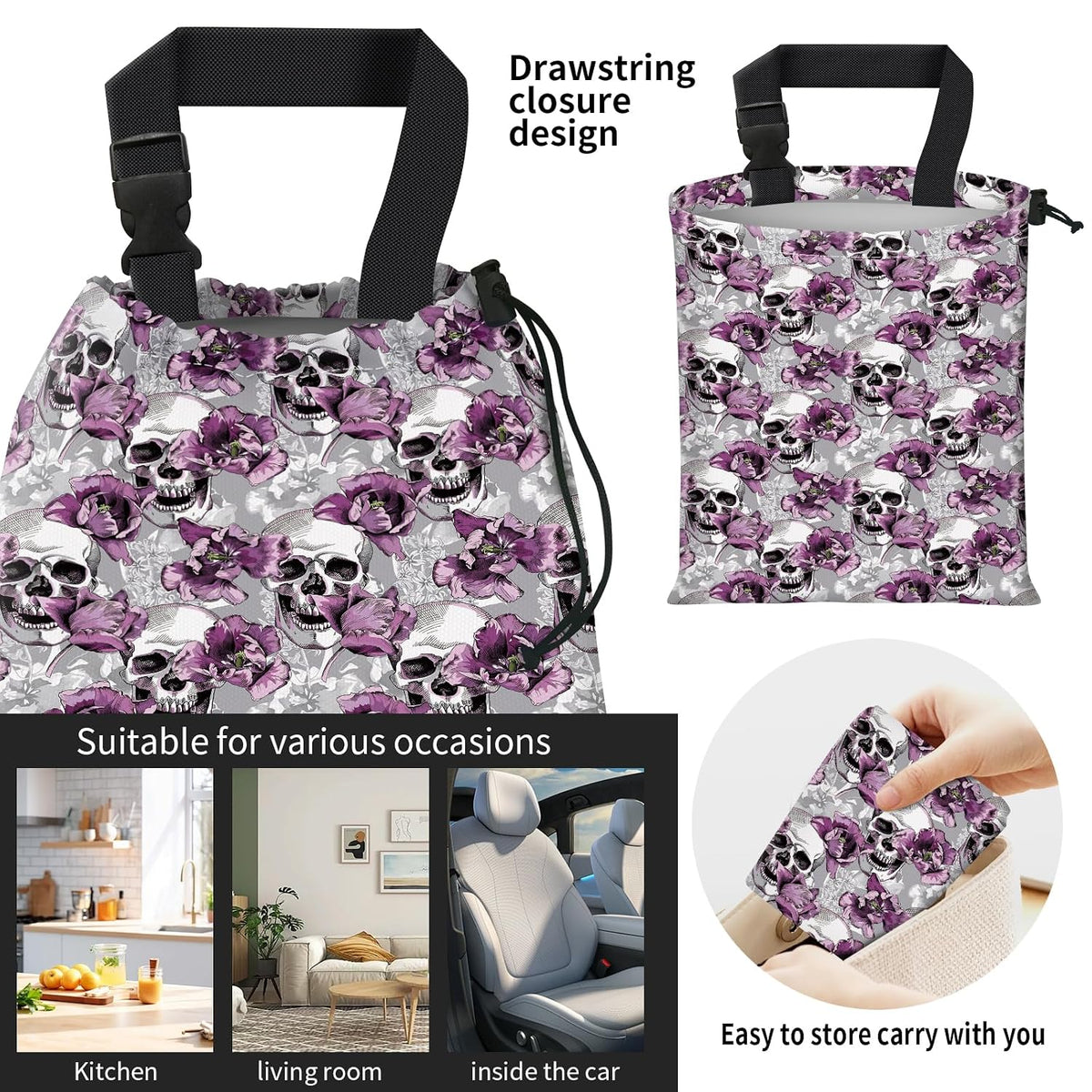 Car Trash Bag Large Hanging Can for Back of Seat, Cute Waterproof Car Garbage Bag for Vehicle, Travelling, Outdoor Purple Flower Skull