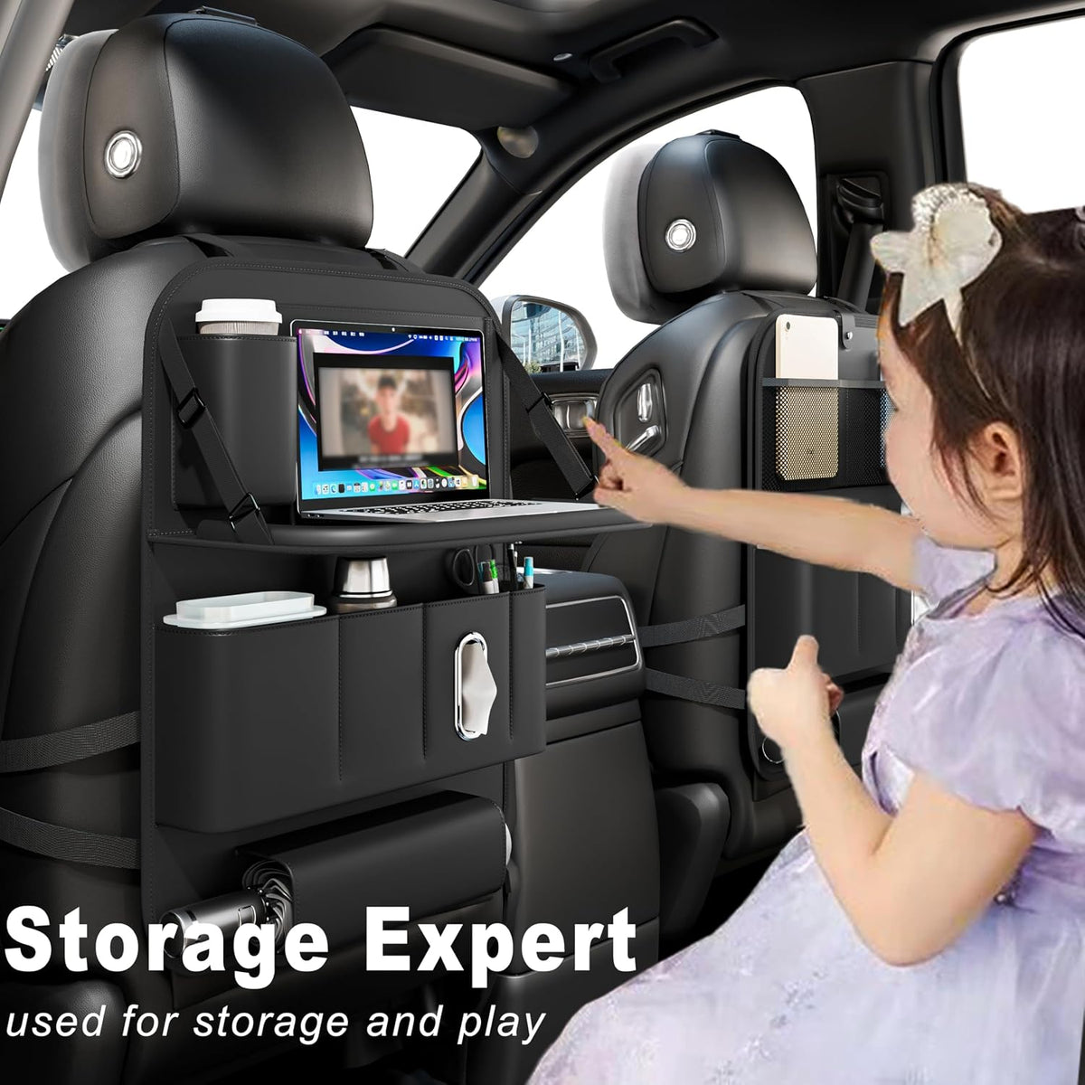 GMQ Backseat Car Organizer with Tray 1 Pack,Car Backseat Organizer with Foldable Table for Kids,Multifunctional Seat Back Organizer with Storage Pockets Car Storage Organizer (Black)