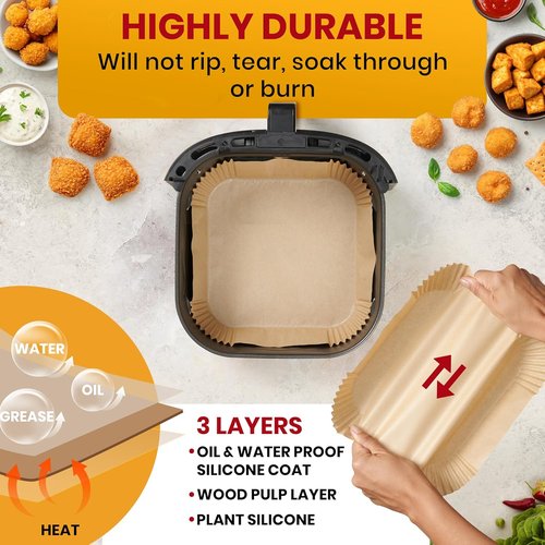 Baker's Signature Air Fryer Paper Liners - 125 Pcs Non-Stick & Oil Proof | 8” Square for 5-8 Qt Baskets