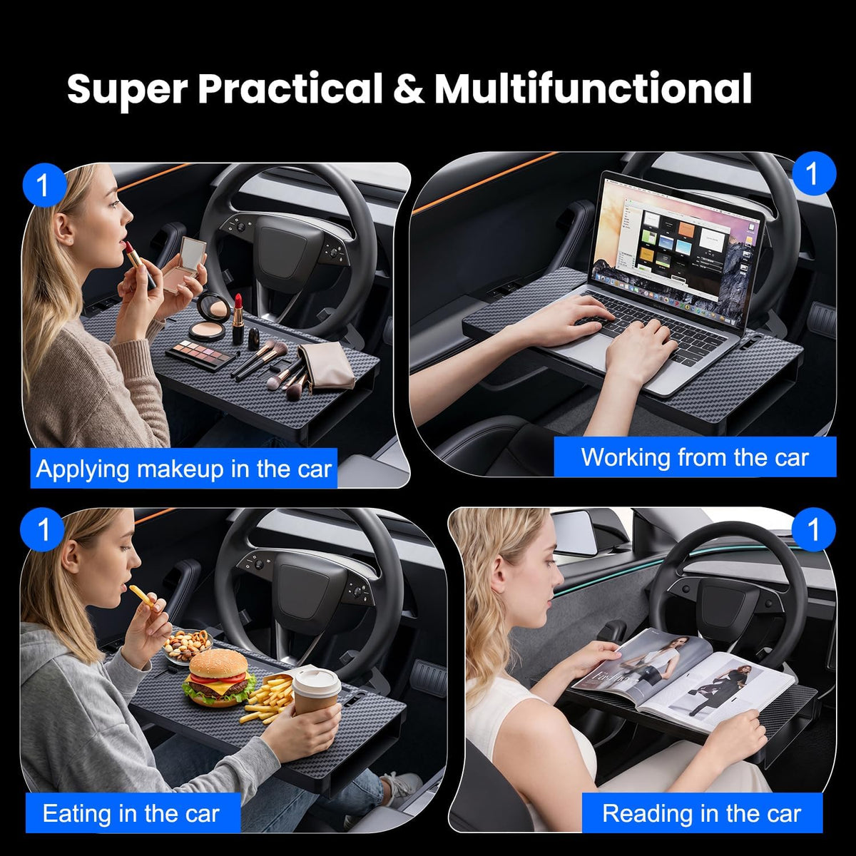 2-in-1 Car Steering Wheel Desk Tray & Slim Seat Gap Filler Organizer, Foldable Car Table for Eating Working, Carbon Fiber Car Laptop Tray & Seat Organizer for Car SUV Truck